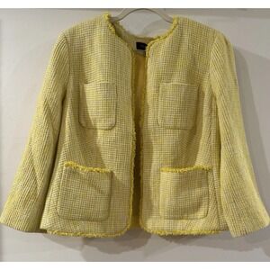 Talbots Yellow Tweed Jacket Women's Size 12 Fringe Trim Open Front Blazer